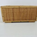 70s woven rattan and bamboo planter