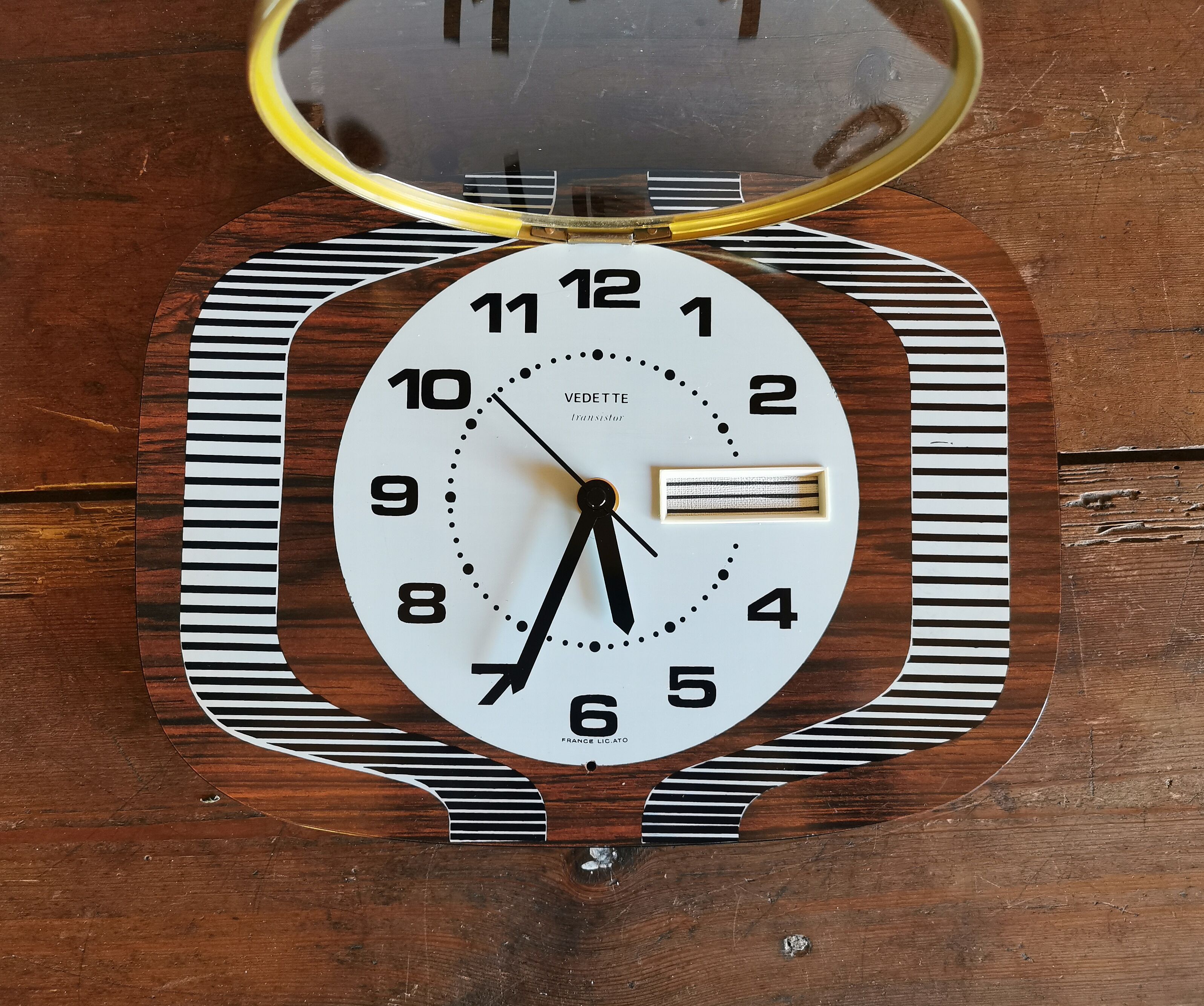 Vintage formica clock silent wall clock "Featured wood stripes"