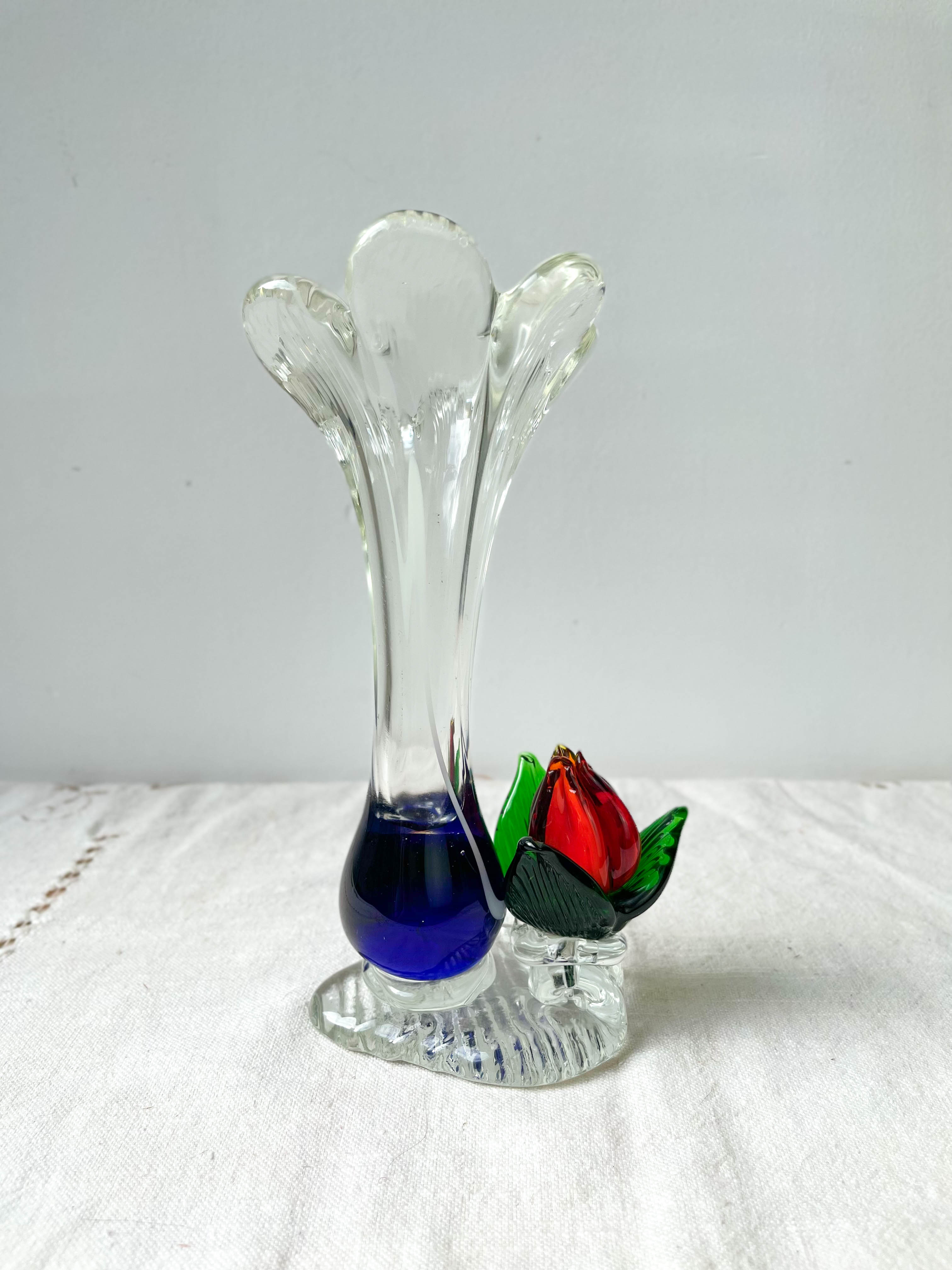 Blue red Murano glass vase with blown flower