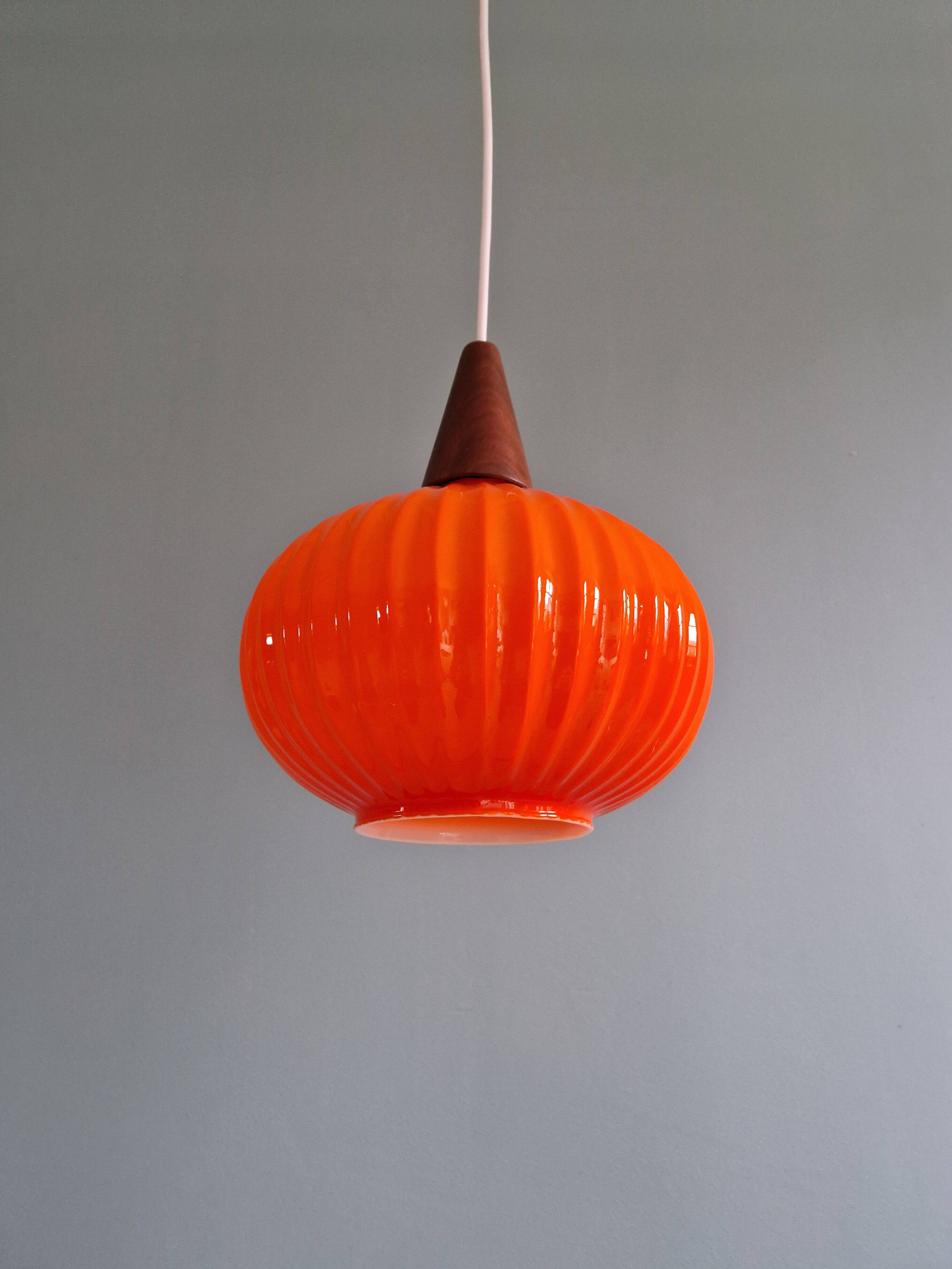 Teak and orange opaline suspension, Scandinavian style, 1960.
