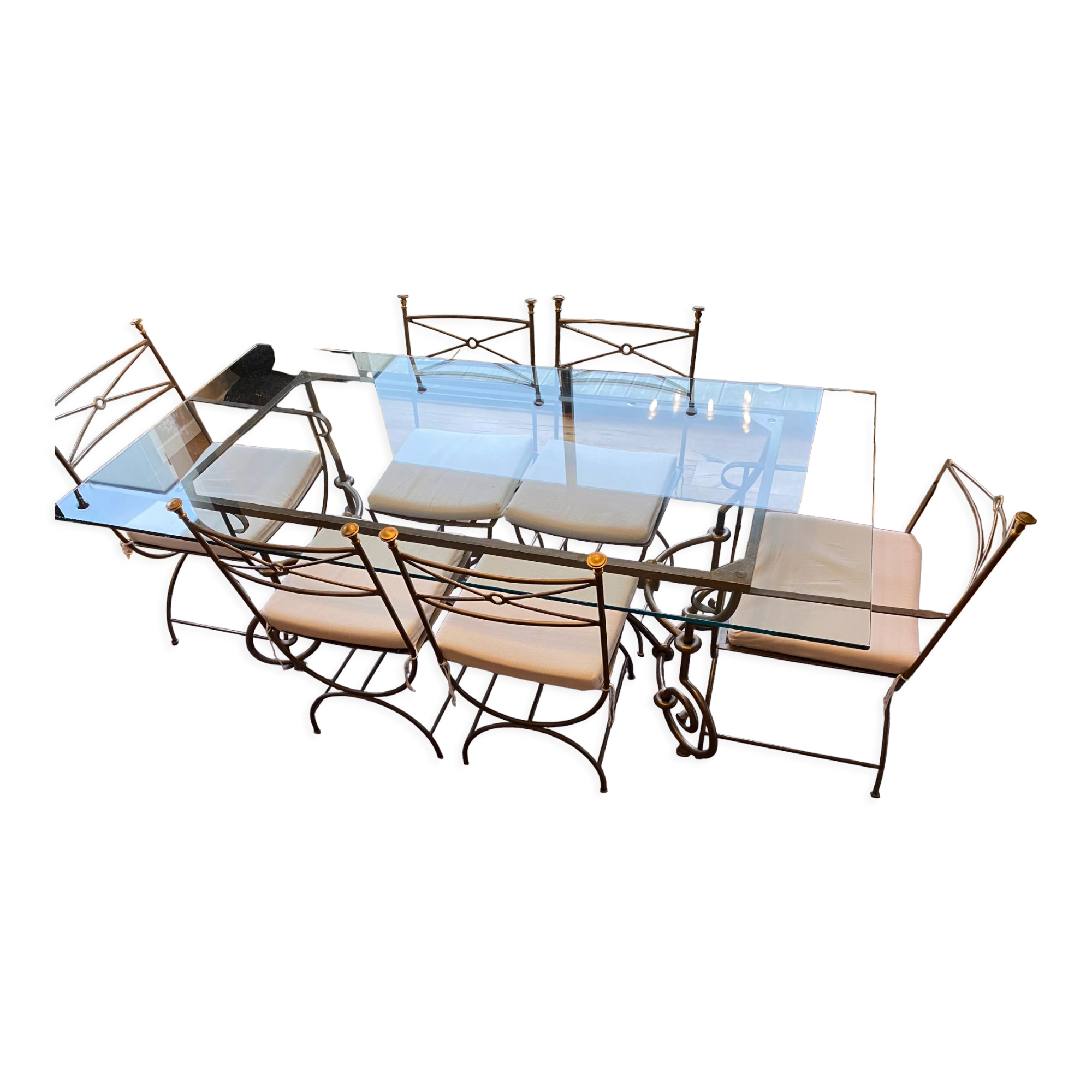 Rochebobois table in glass and wrought iron 4 chairs 2 armchairs