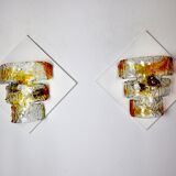 Pair of murano mazzega wall lamps, orange murano blown glass, italy, 1960