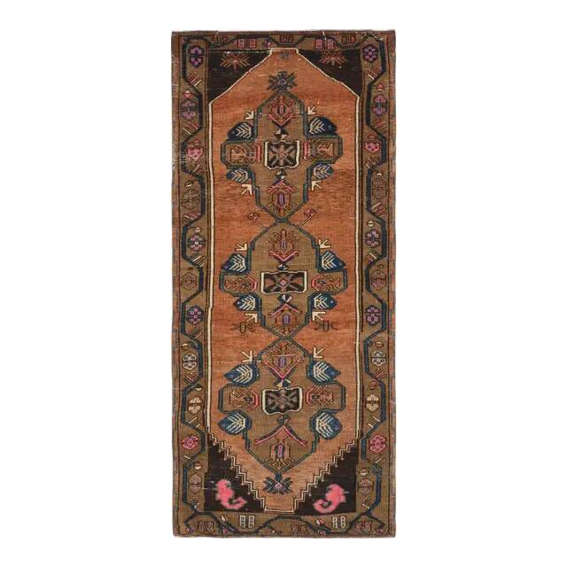 Vintage Turkish Oushak Handmade Wool Cotton Brown Runner Rug 128296
