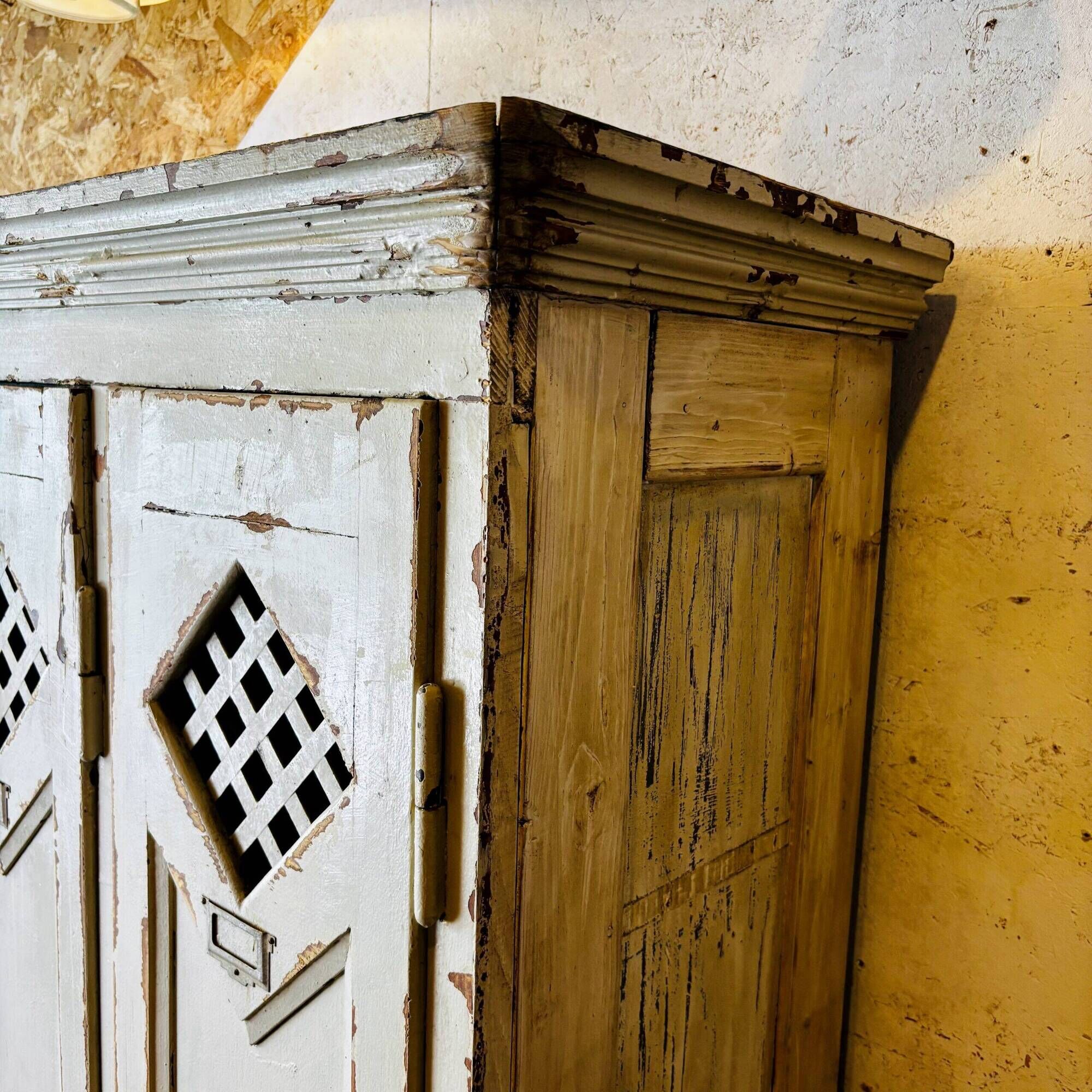 Old factory lacquered pine locker from early 20th century France.
