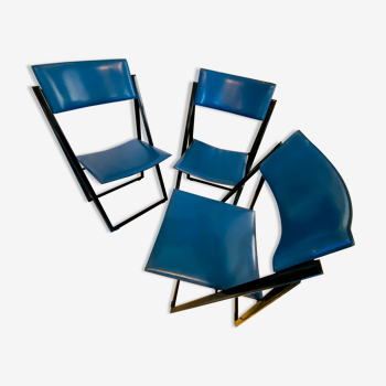 Lot de 3 chaises italiennes pliantes en cuir bleu par Matteo  Grassi