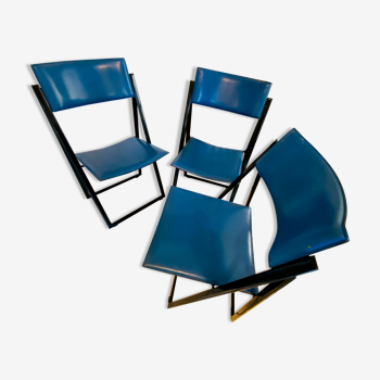 Set of 3 Italian folding chairs in blue leather by Matteo Grassi