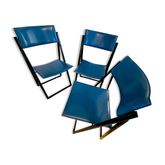 Set of 3 Italian folding chairs in blue leather by Matteo Grassi