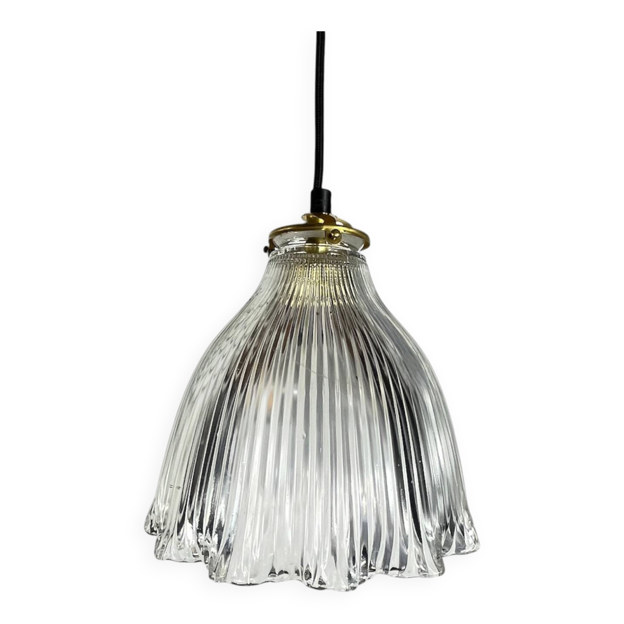 Suspension lustre globe en verre prismatique holophane industriel