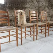 Set of 4 old Dutch oak ladderback chairs with rush seats – 1960s