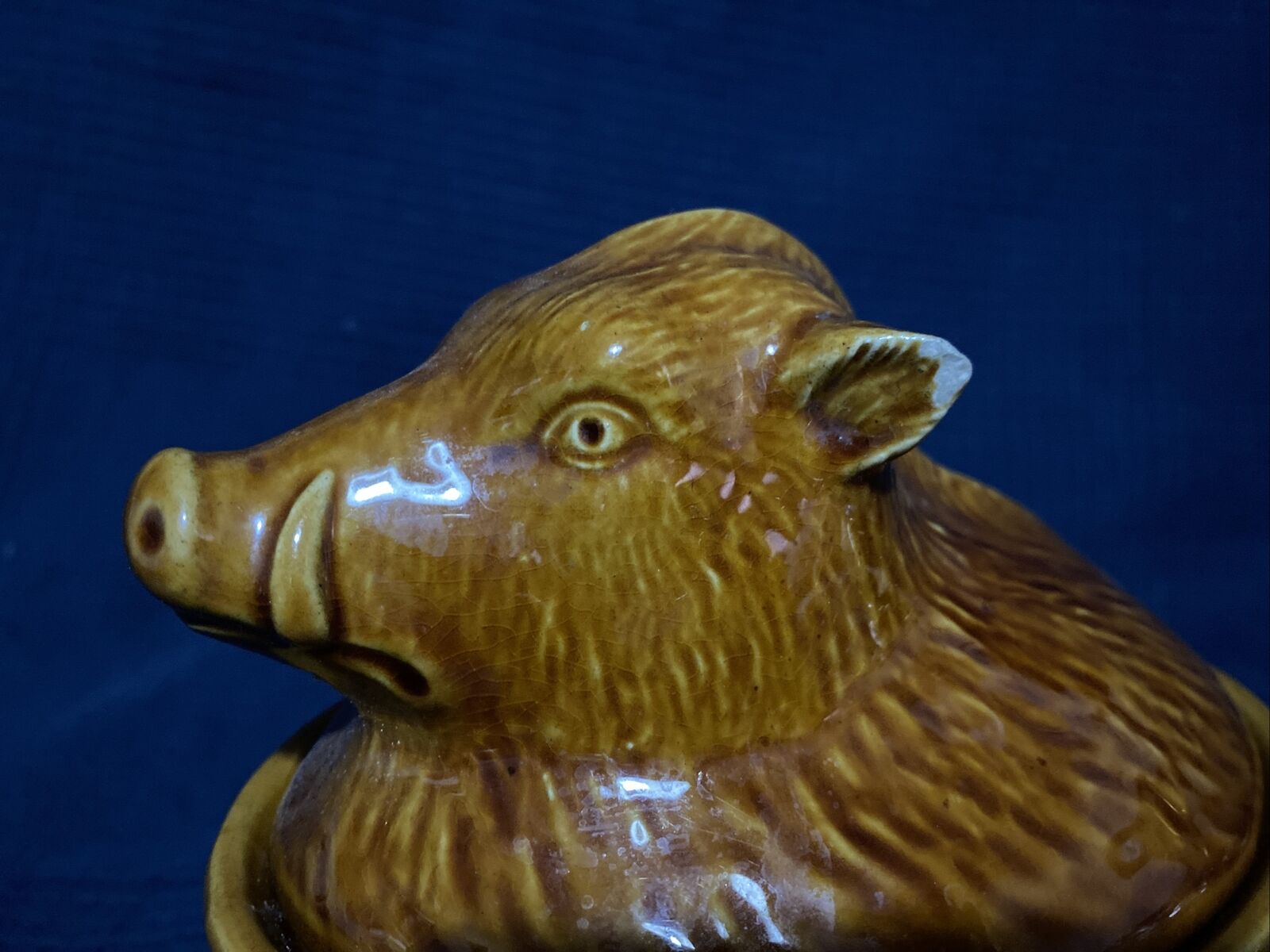 Ceramic terrine dish decorated with vintage wild boar hunting