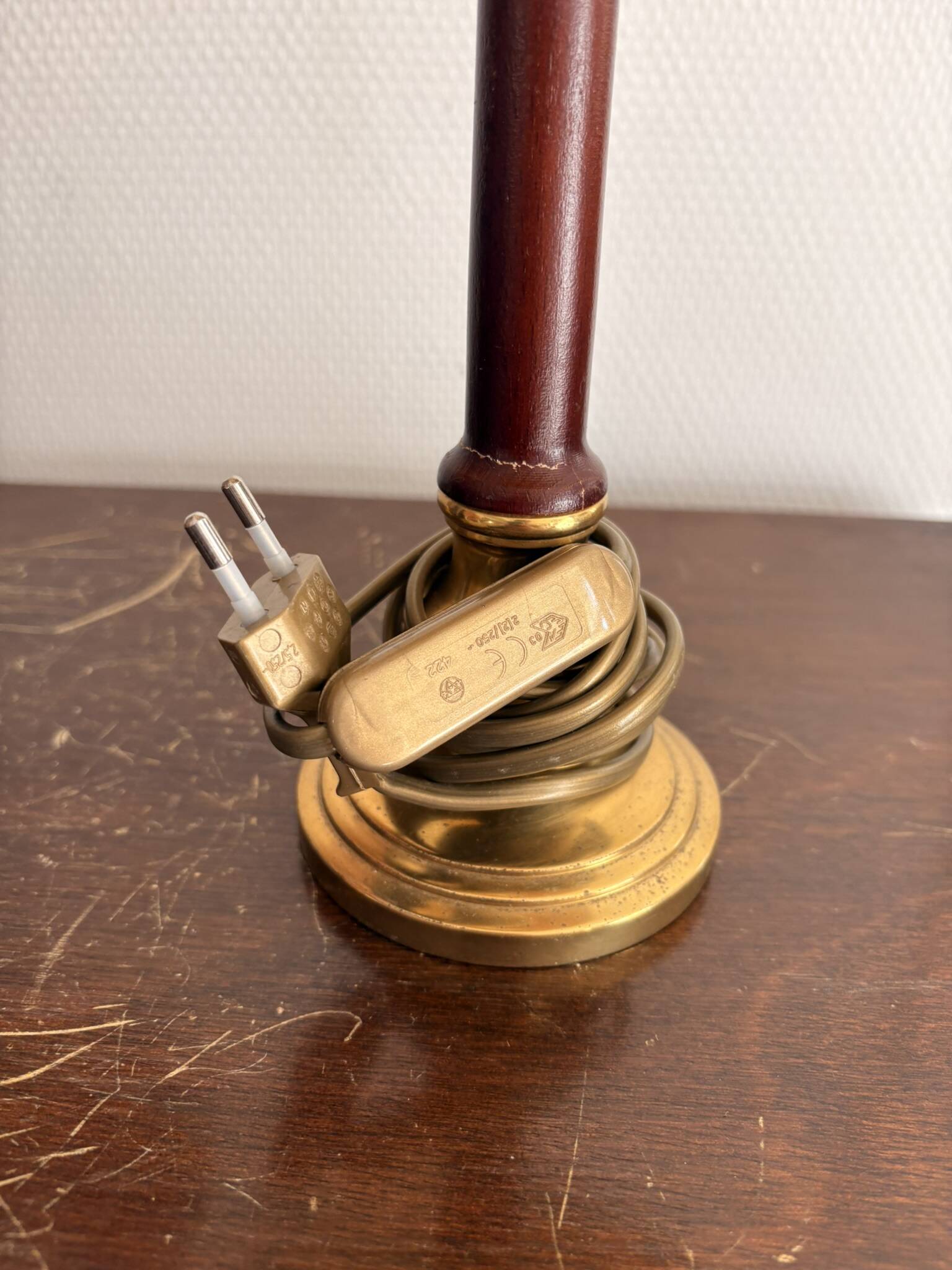 Pair of Brass-Gilded Bouillotte Lamps Vintage Wood Neo-Classical Shade