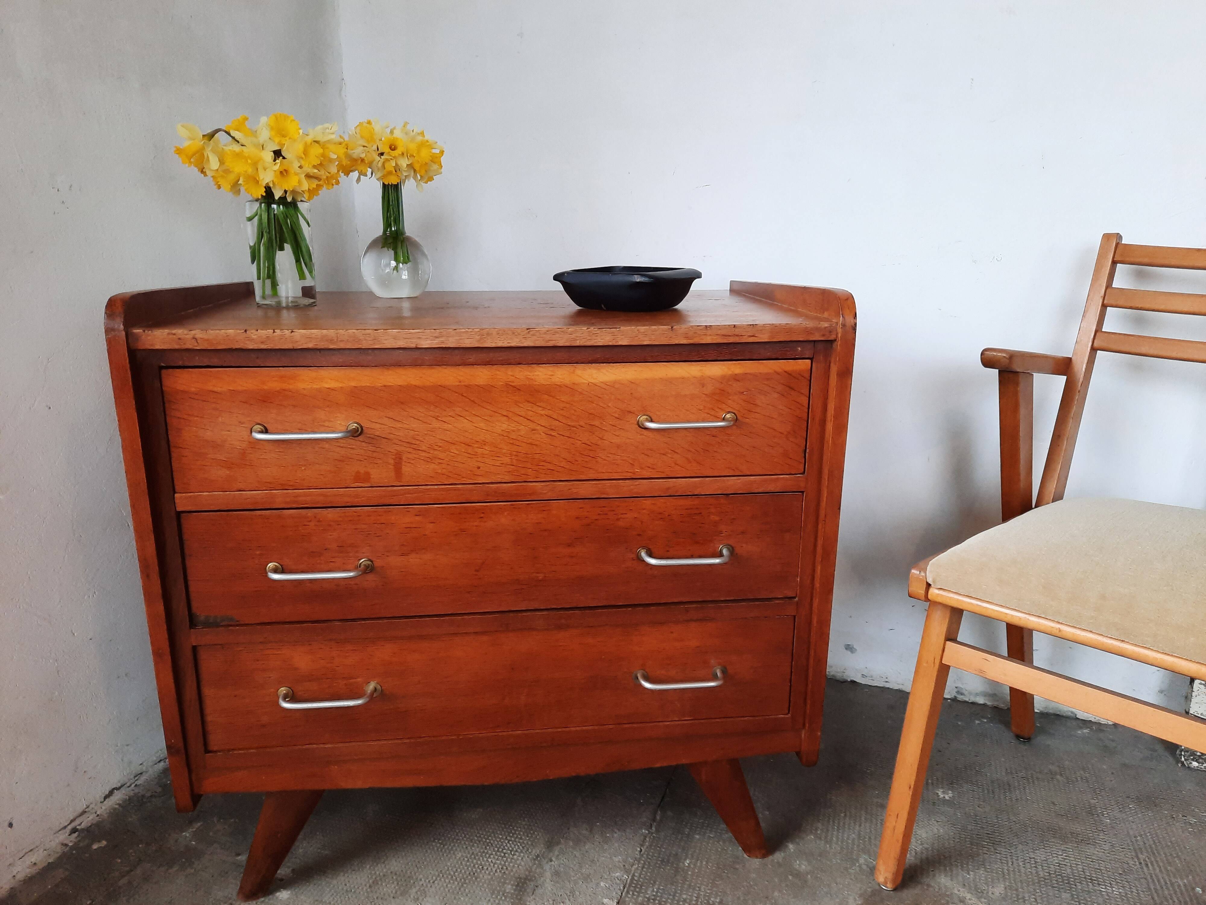 Oak chest of drawers with compass foot, vintage reconstruction