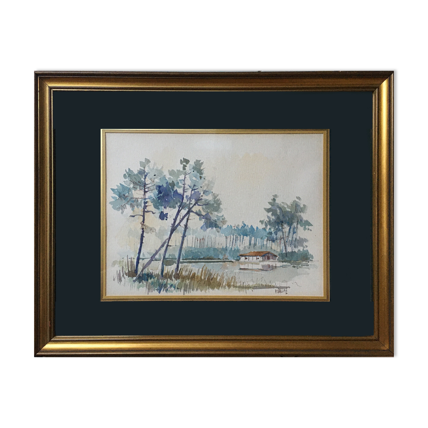 Painting Watercolor "The House by the Lake" Landes by P. Valliez Dordogne