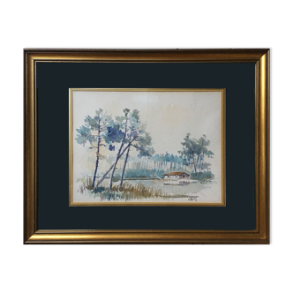 Painting Watercolor "The House by the Lake" Landes by P. Valliez Dordogne