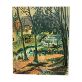 Oil on canvas waterfall in forest