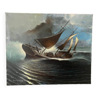 Marine, modern school, oil on canvas signed Van Ingelgam 1974