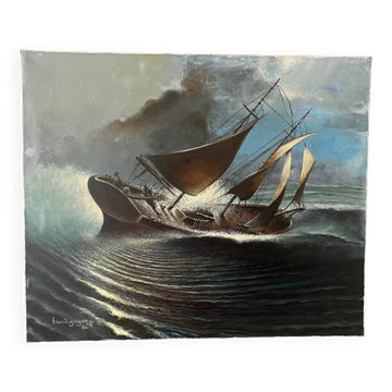 Marine, école moderne, huile sur toile signé Van Ingelgam 1974