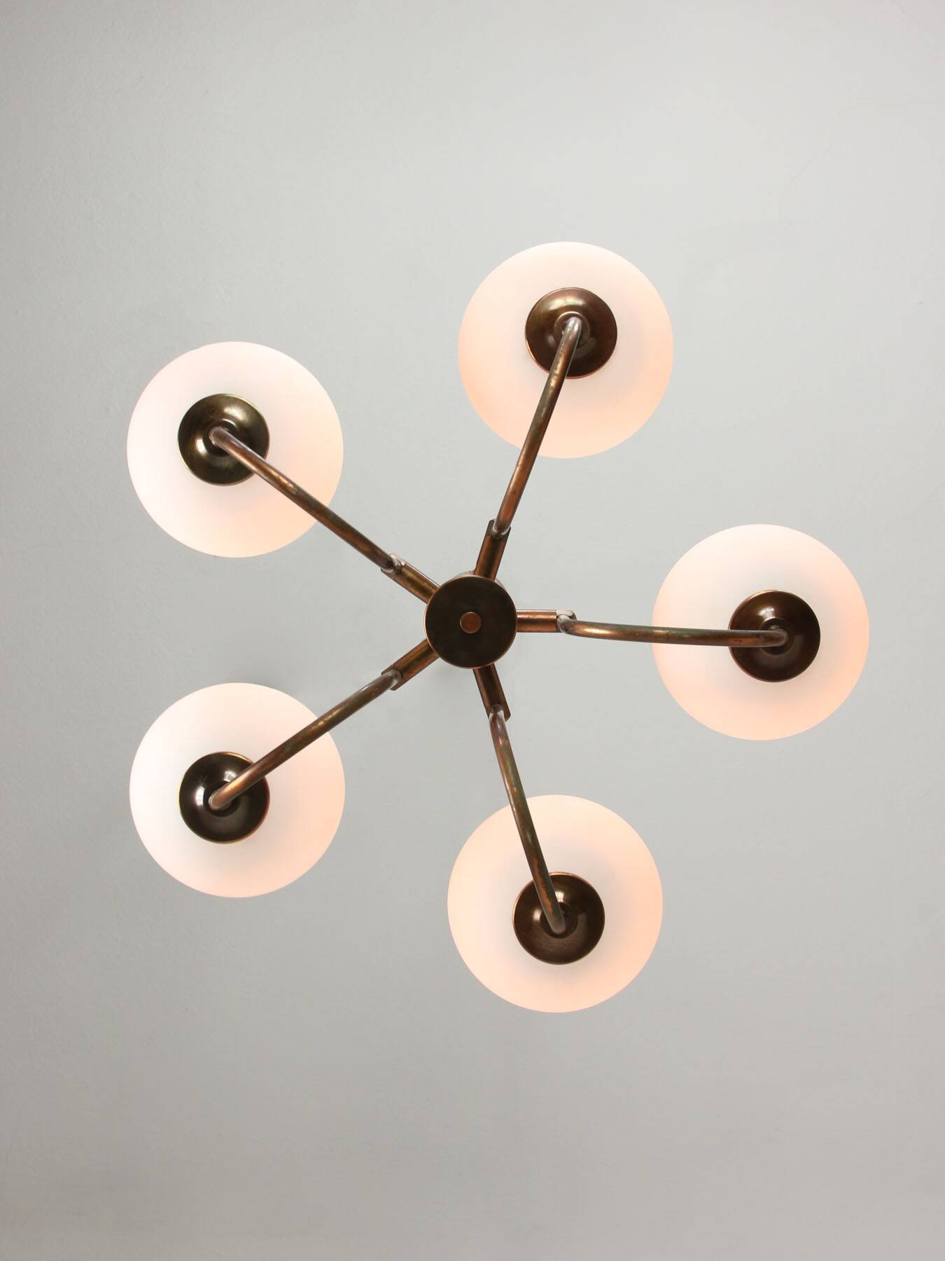 Vintage Italian Brass and Opaline Chandelier in Copper Color, 70s