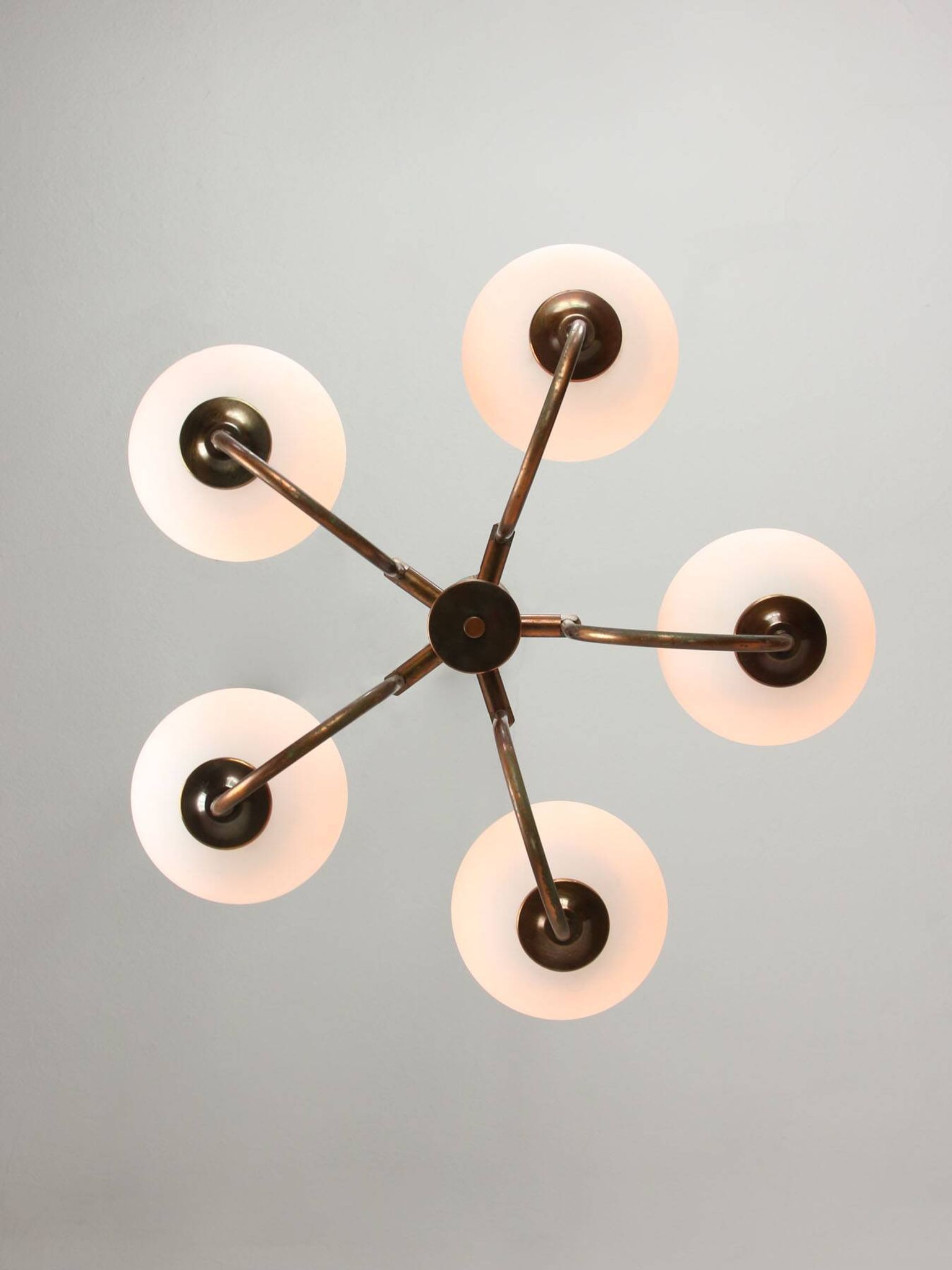 Vintage Italian Brass and Opaline Chandelier in Copper Color, 70s