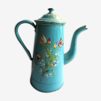 Cafetière art déco tôle émaillée en relief tulipes et myosotis sur fond vert