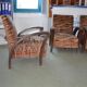 Pair of Art Deco armchairs in curved wood and multicoloured fabric from the 1920s.