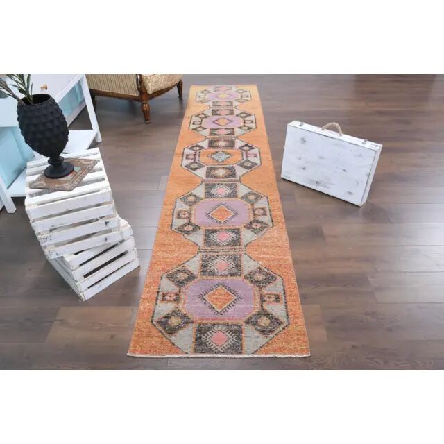 Tapis couloir vintage turc Oushak fait à la main en laine et coton orange 75x330