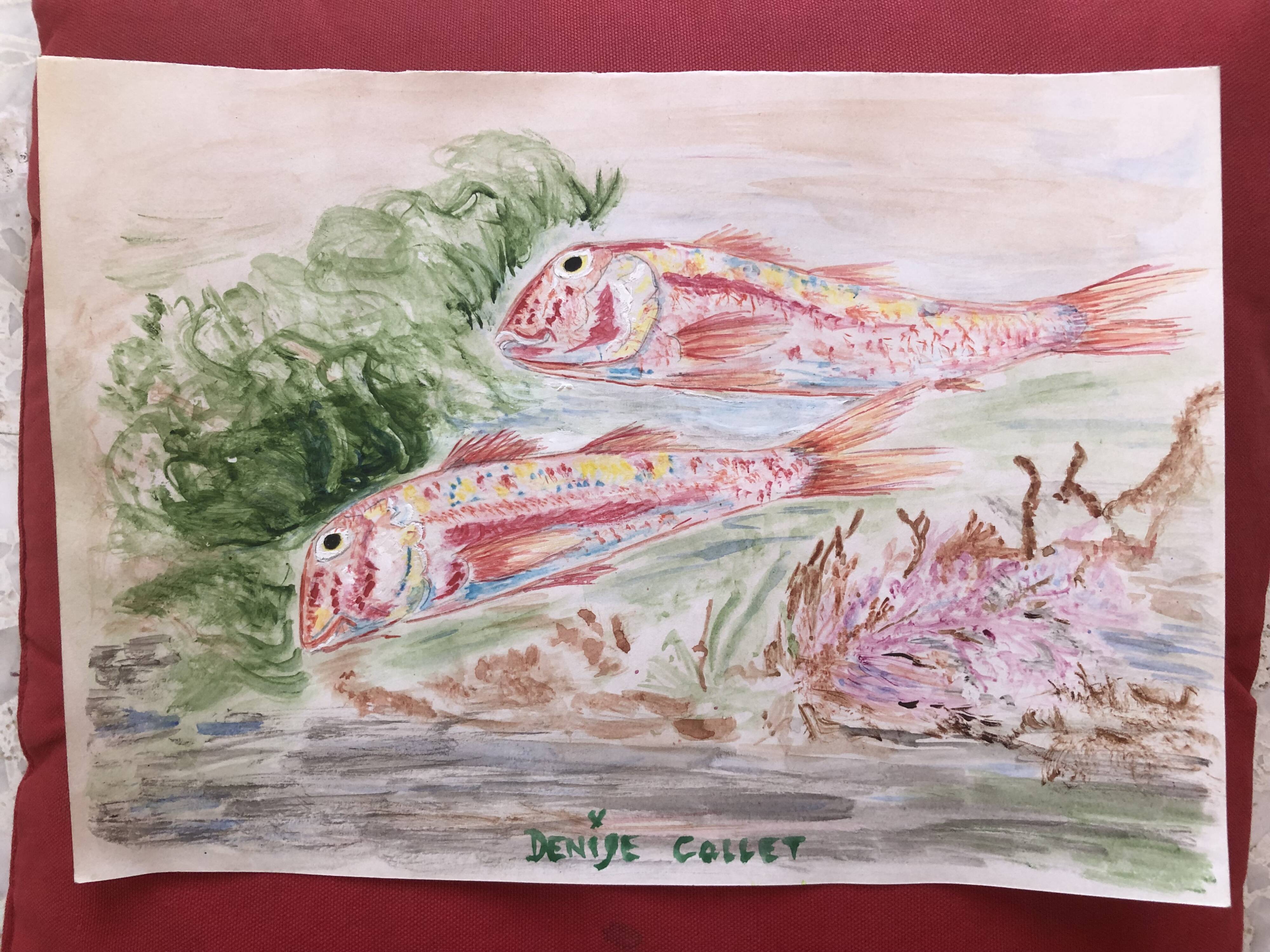 Watercolor 1960 red fish by denise collet, naive, xx painting on paper, without frame