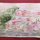 Watercolor 1960 red fish by denise collet, naive, xx painting on paper, without frame