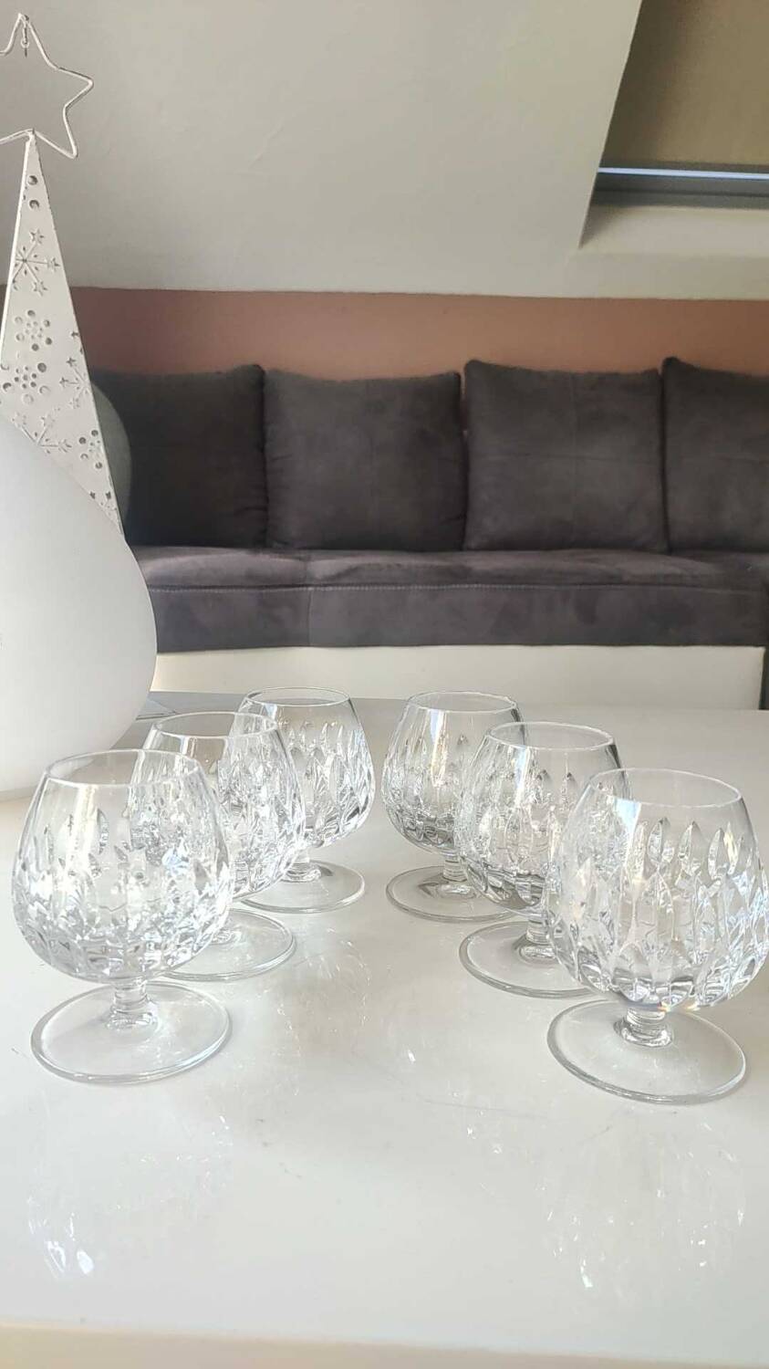 Lot 6 x High quality cut crystal Cognac glasses. Gorham/Althéa model. Double-row scale design
