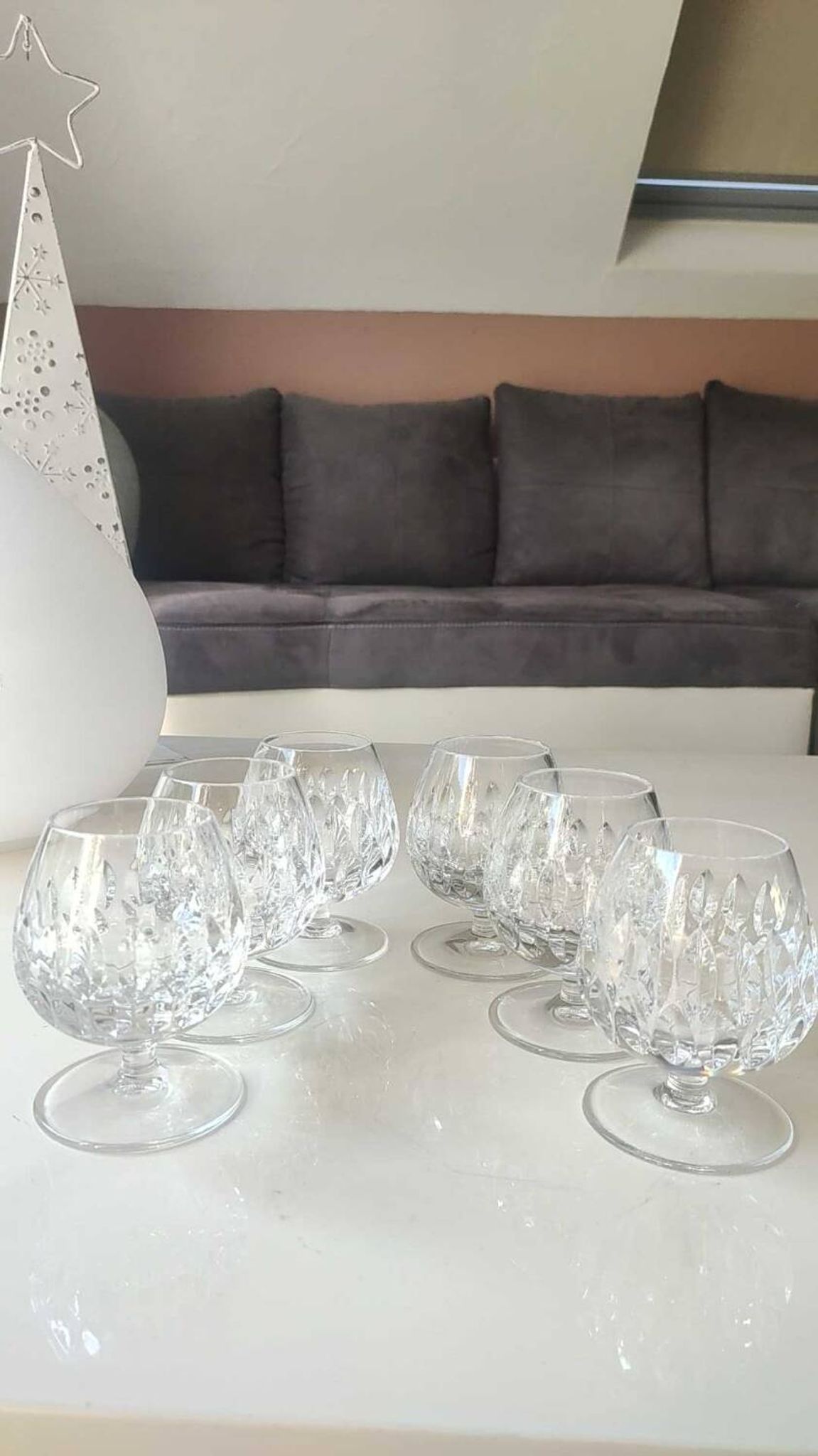 Lot 6 x Verres à Cognac en cristal taillé de Haute qualité. Gorham/Modèle Althéa. Design à double rangées d écailles