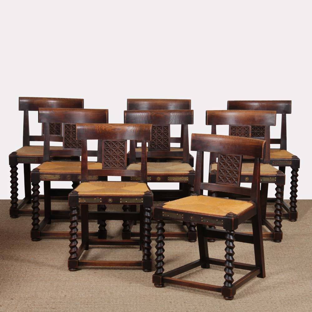 Set of 8 wooden chairs, Breton work from the 1940s.