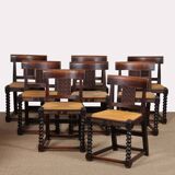 Set of 8 wooden chairs, Breton work from the 1940s.