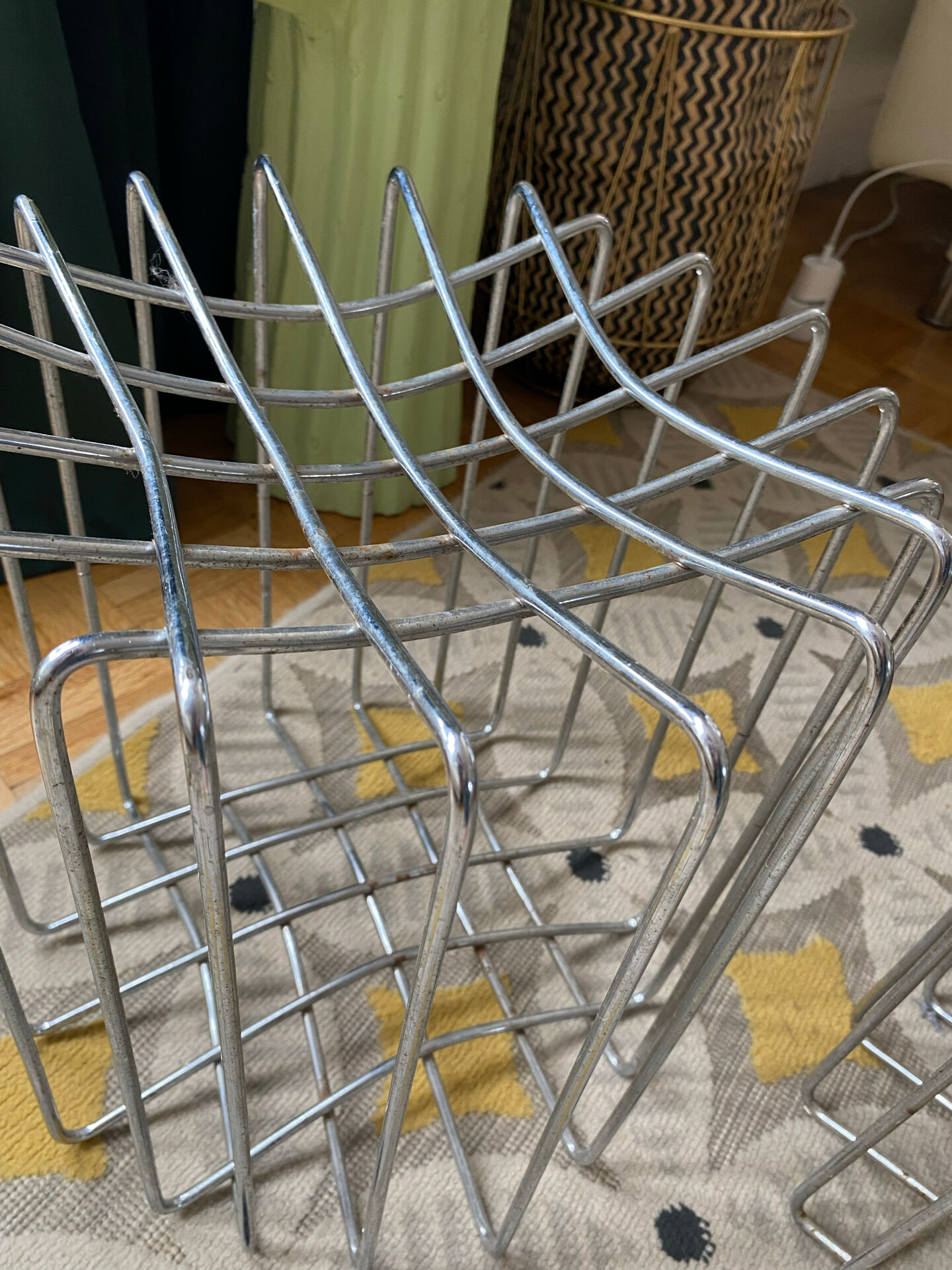 Set of 2 Vintage mid-century chrome wire poufs stools