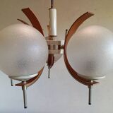 Scandinavian suspension in teak, glass, and metal.