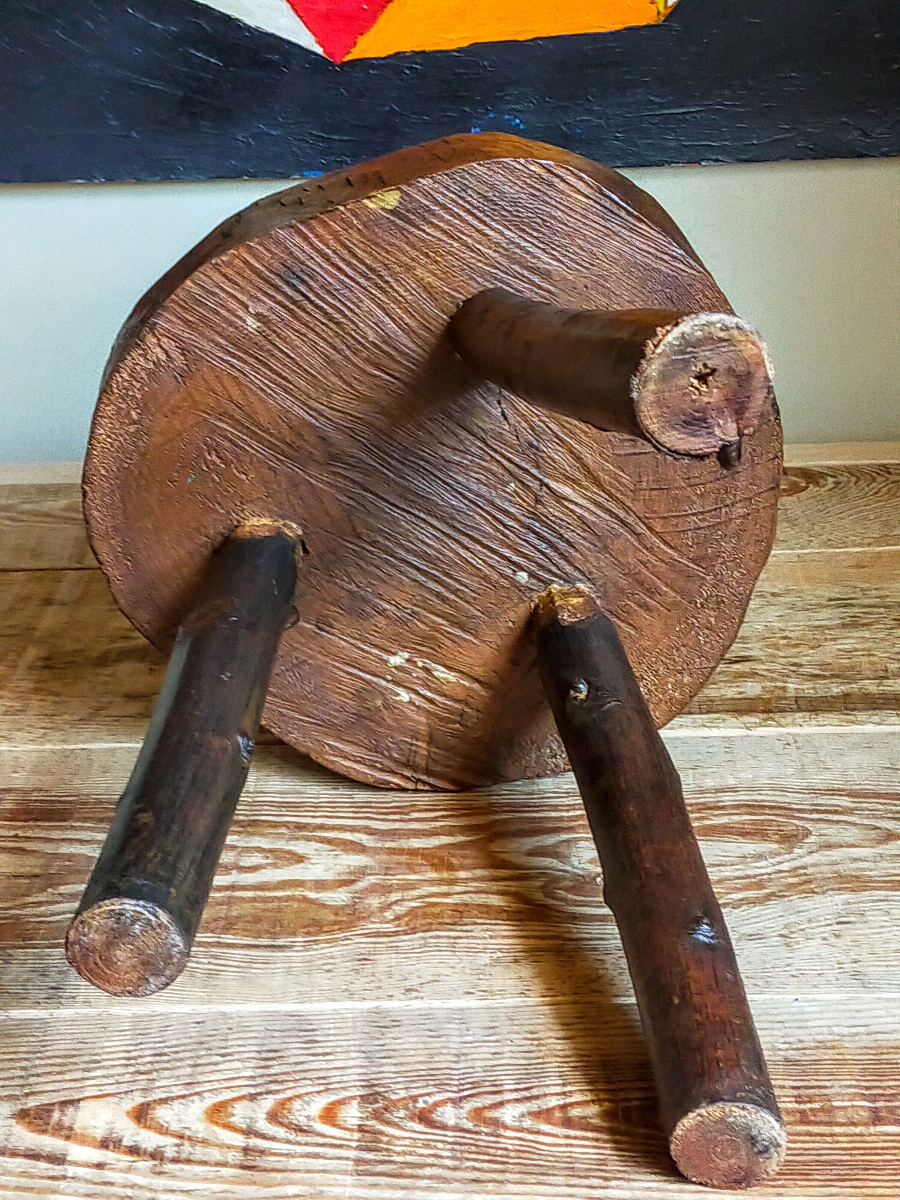 Brutalist tripod stool vintage folk art
