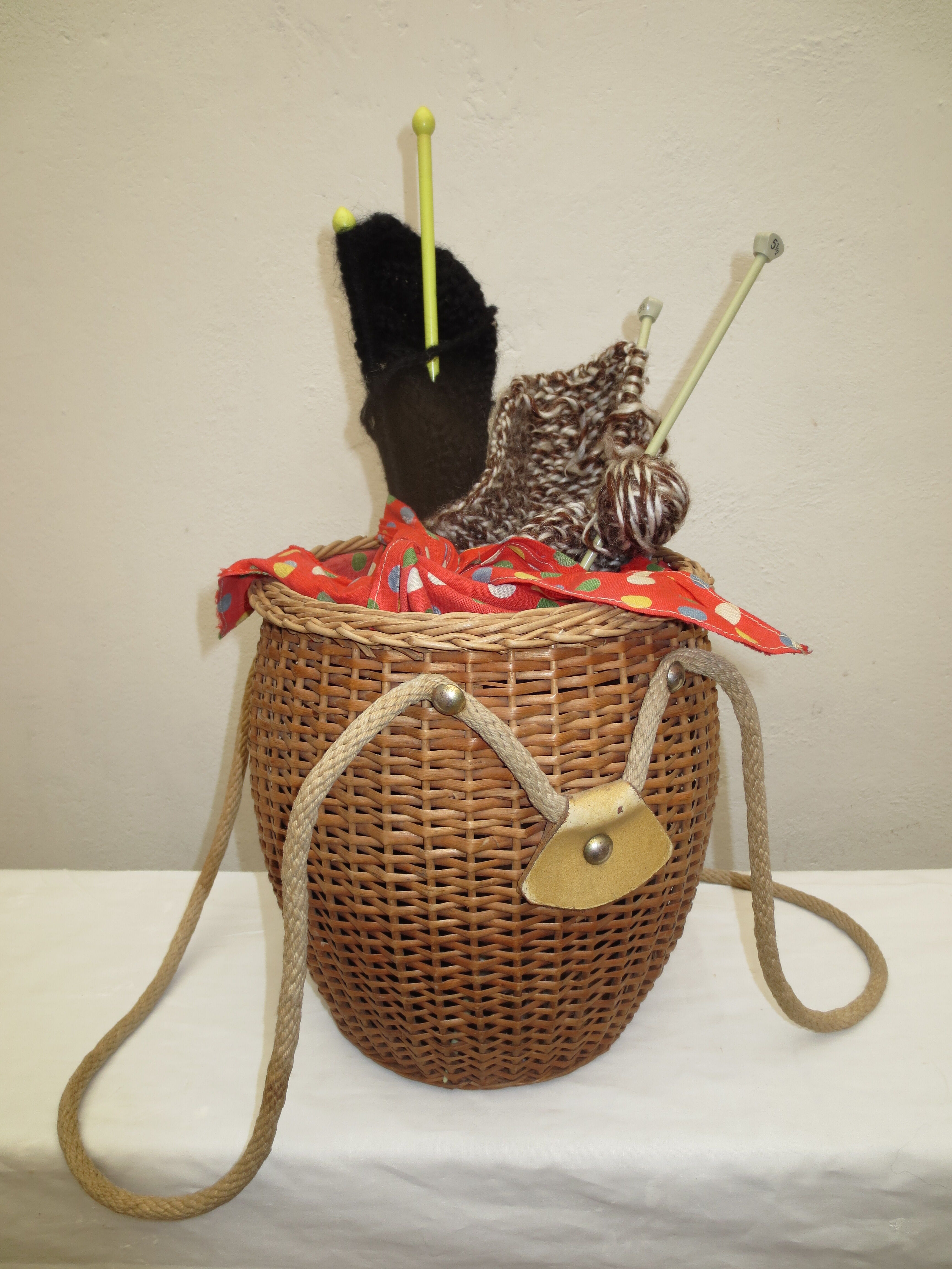 Vintage rattan basket for knitting and work