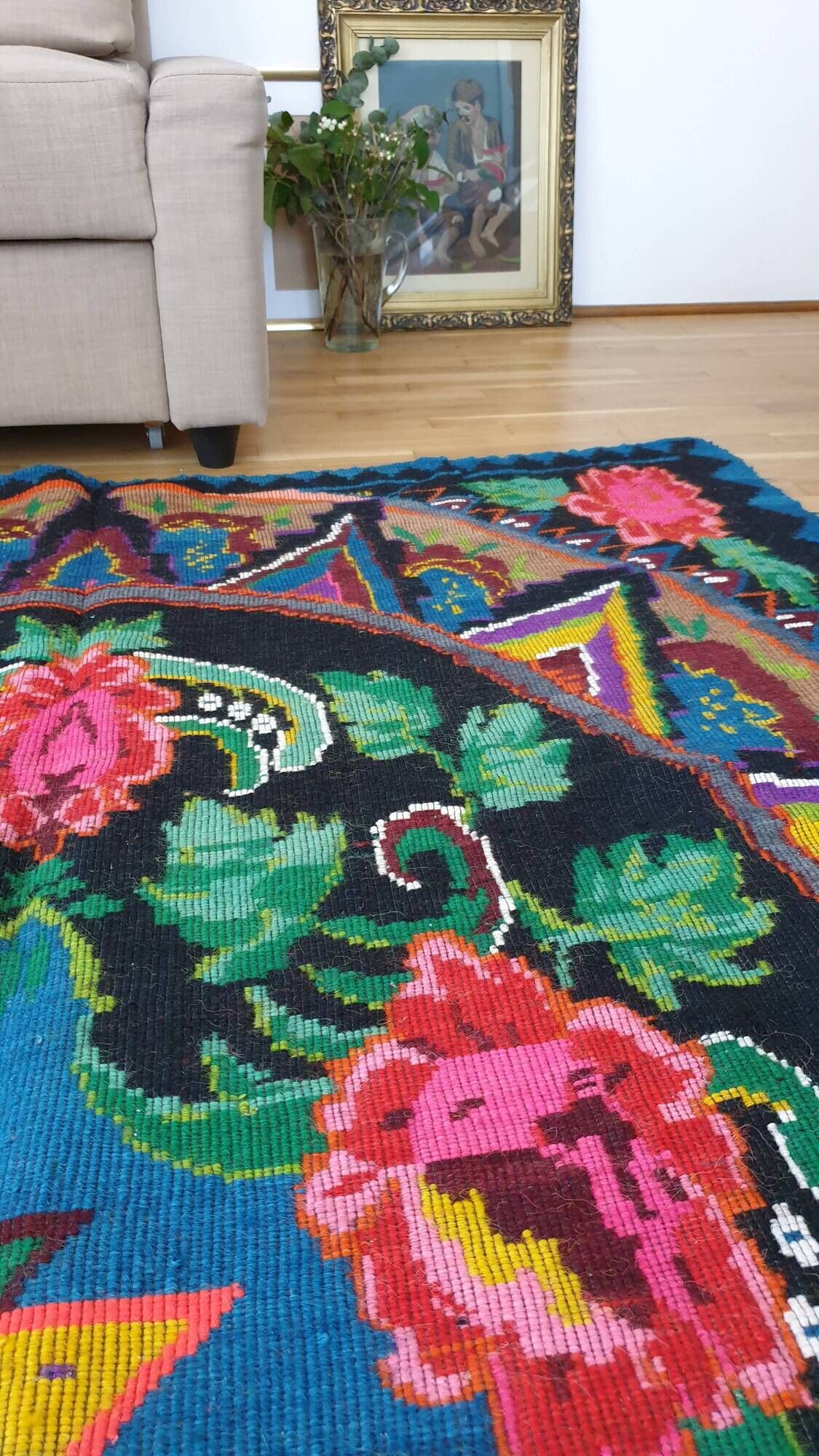 Large handmade Romanian rug 330X160cm with amazing bohemian floral design