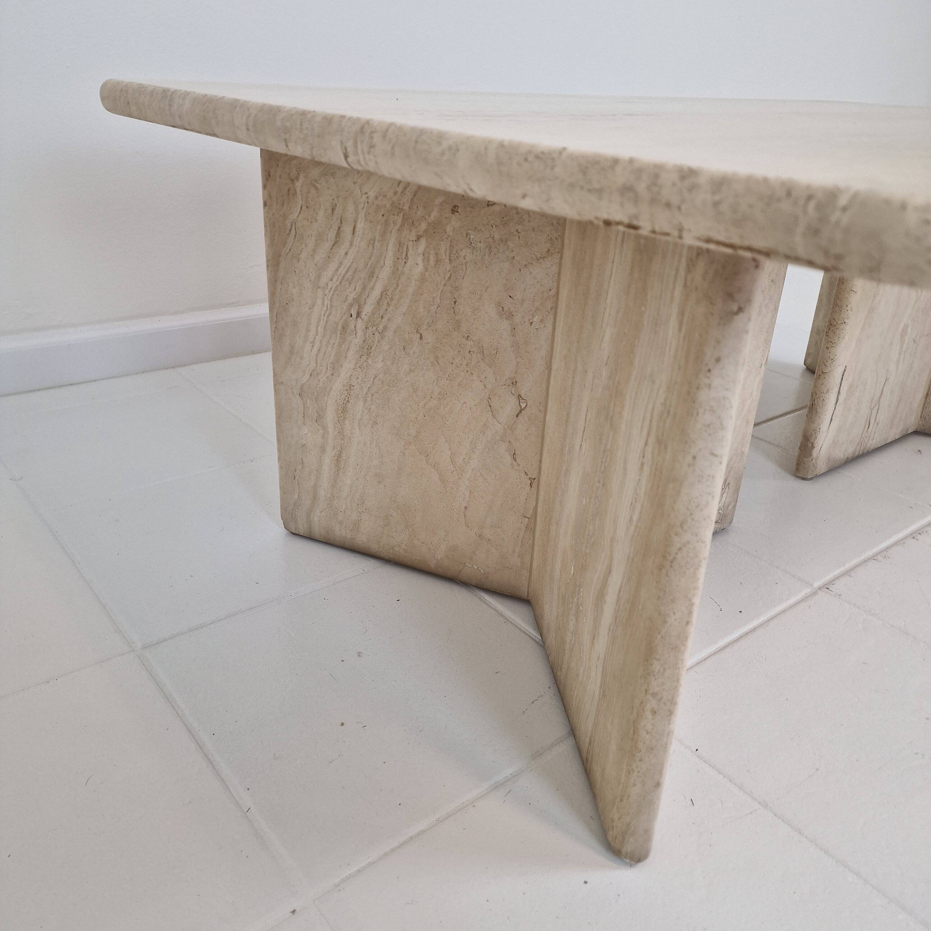 Robust Italian Travertine Coffee Table With two 3-leg Feet, 1980s