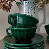 Iridescent green tea or coffee service in Lunéville K&G earthenware. 6 cups and an Art Deco sugar bowl