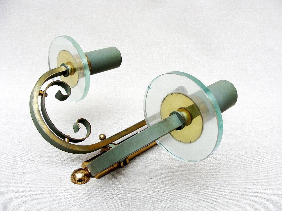 Pair of art deco lacquered metal, brass and glass wall lights