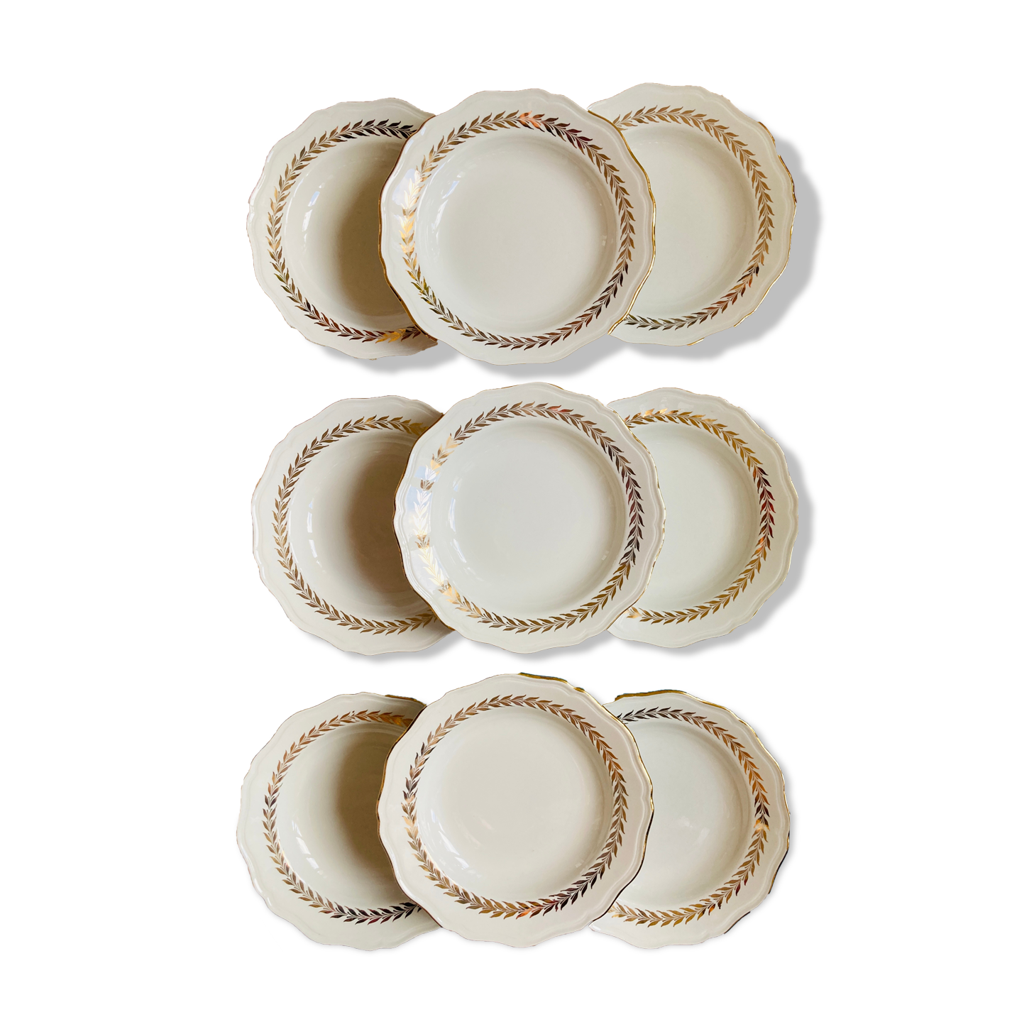 Lots of 9 white hollow plates - golden poreylor the amandinoise france