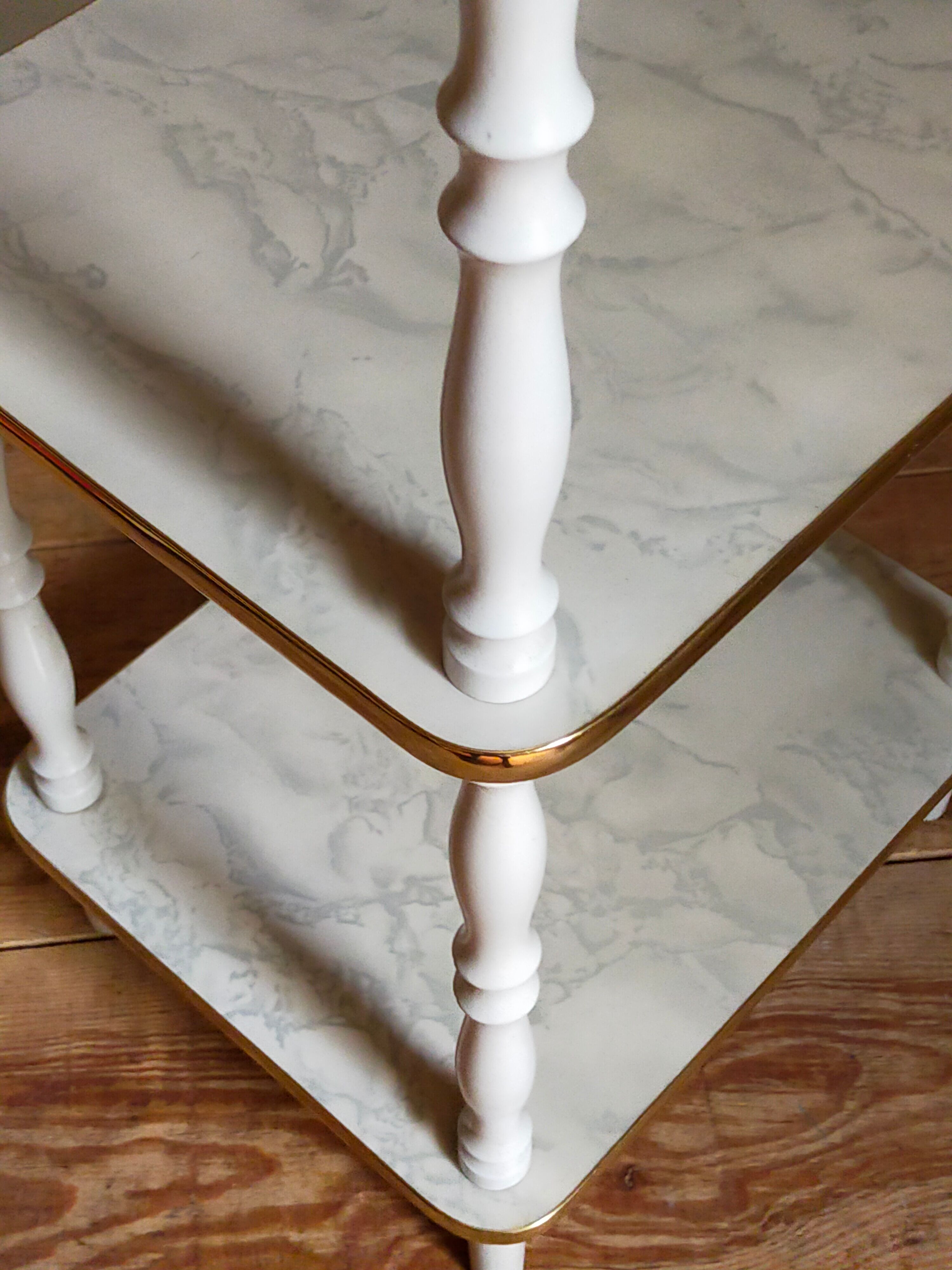 Solid turned wood and formica faux marble shelf to install wood 60s