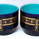 Pair of caches pots Sarreguemines - blues of Longwy - golden geometric decorations - XIXth