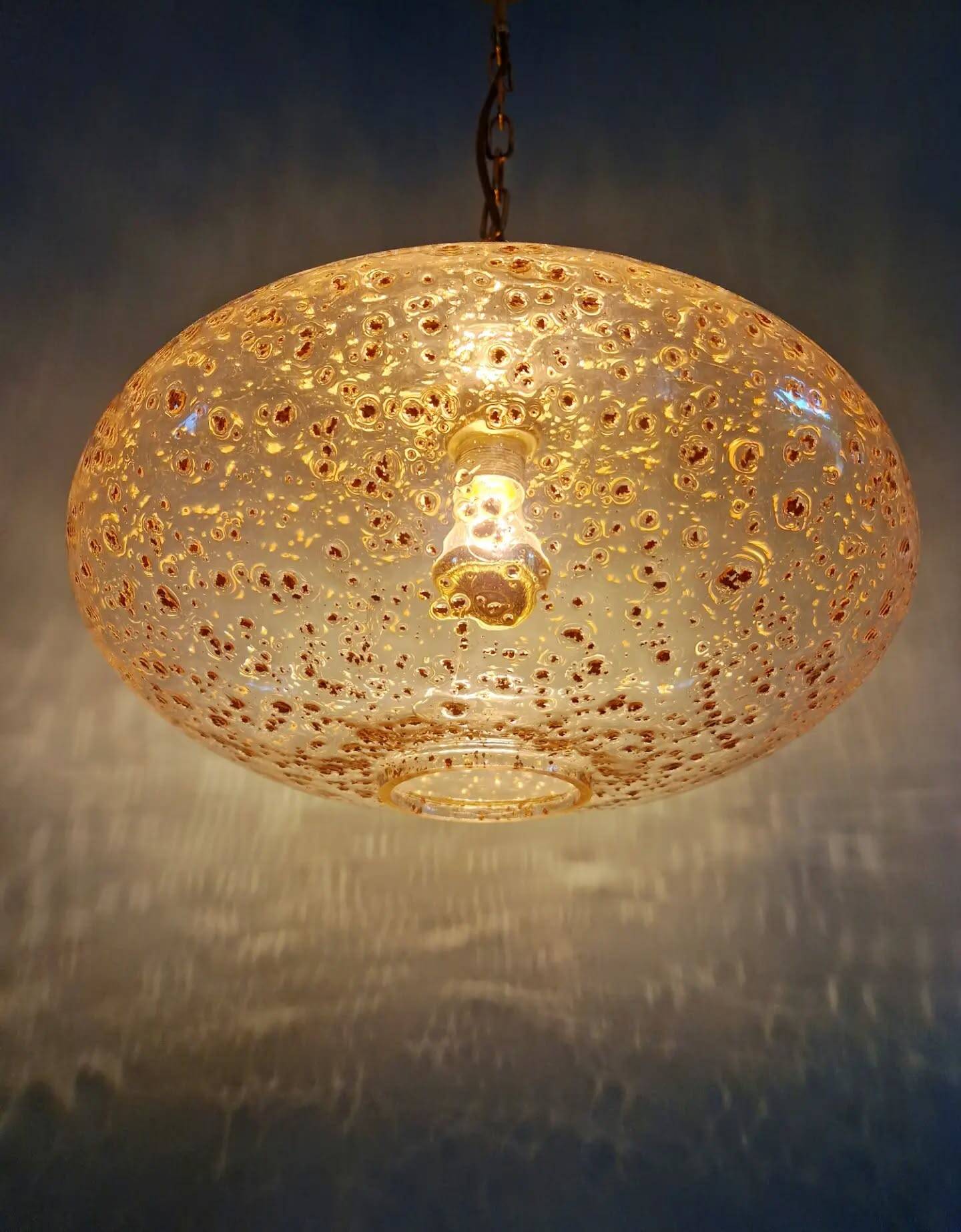 Large vintage glass pendant light, with gold inclusions, 1970.