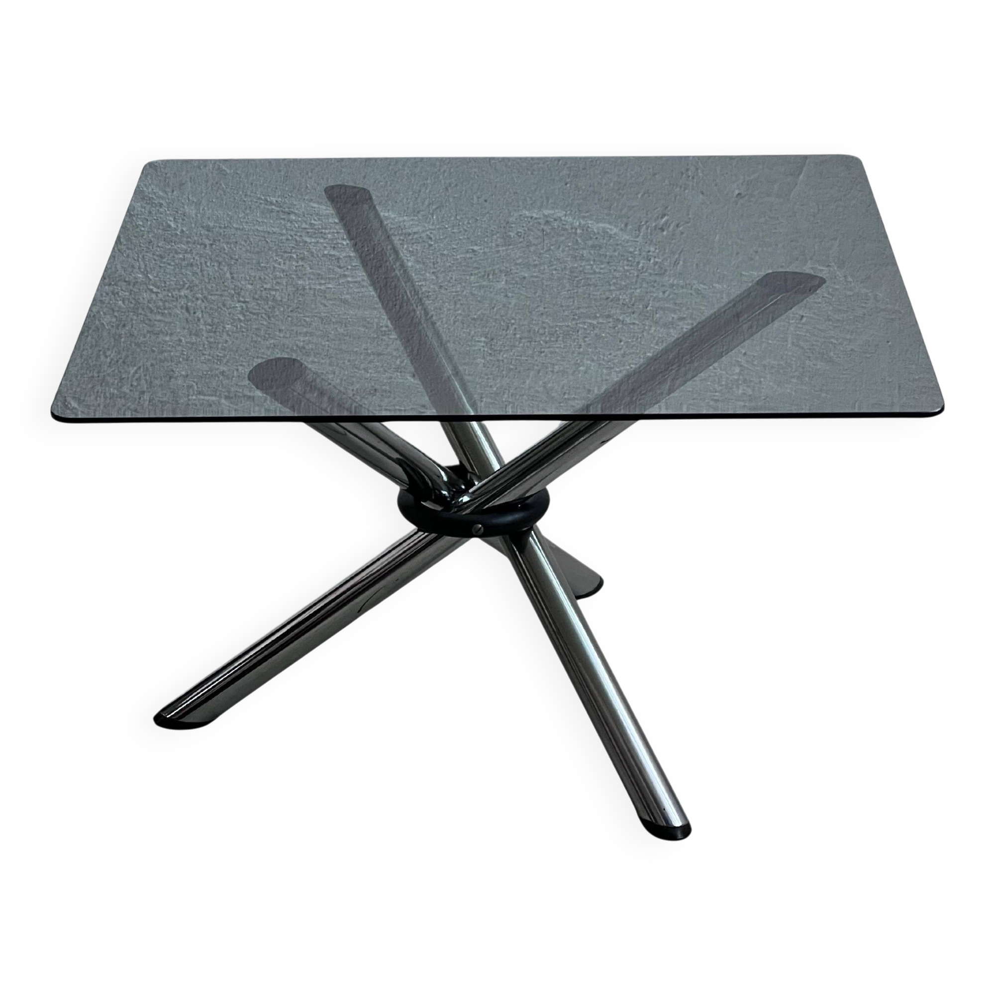 Vintage foldable coffee table, chromed tubular metal and smoked glass