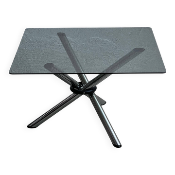 Vintage foldable coffee table, chromed tubular metal and smoked glass
