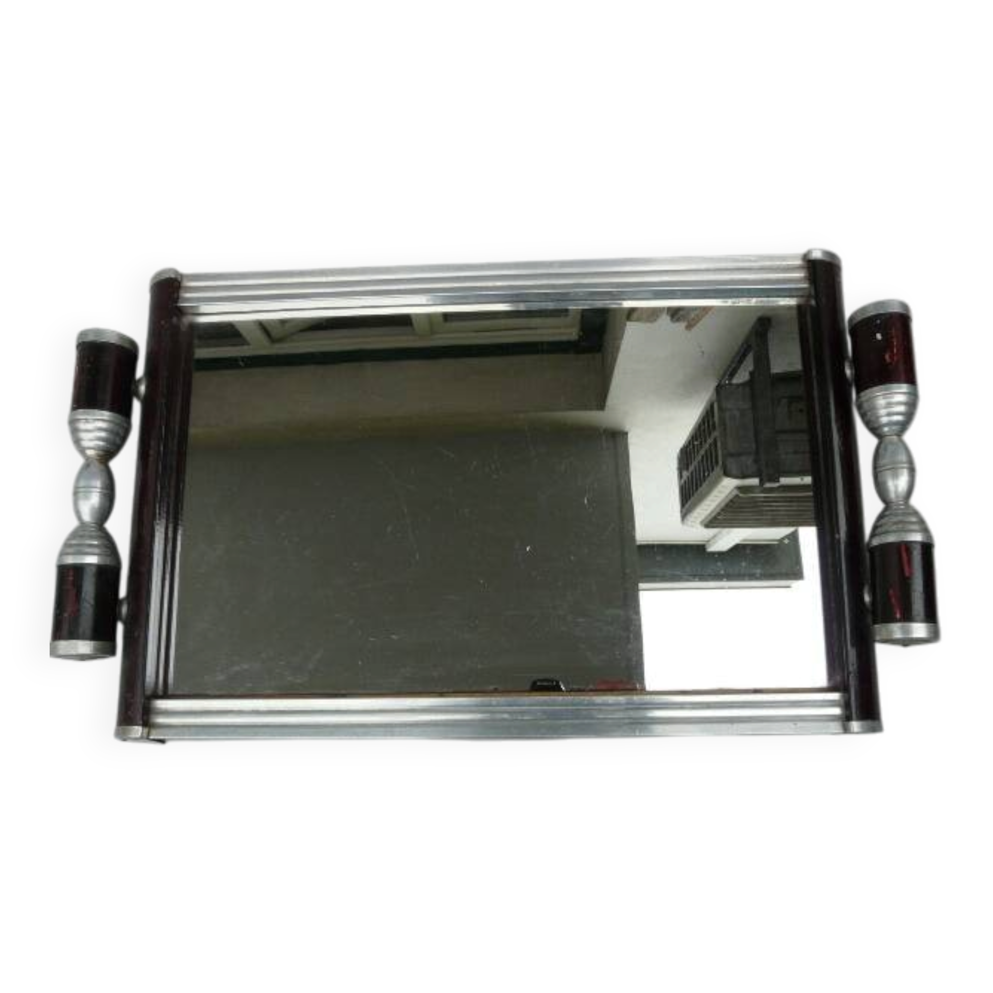 Plateau miroir Art Déco alu et bois