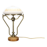 1930s Restored Brass Table Lamp with Wooden Base and Glass Shade