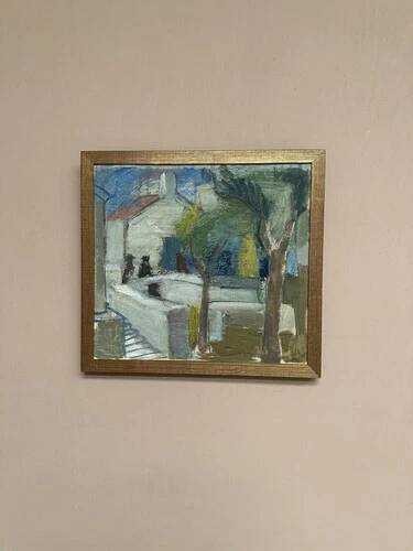Mid-Century Oil on Canvas 'House with Two Trees' by Zage, Vintage & Framed