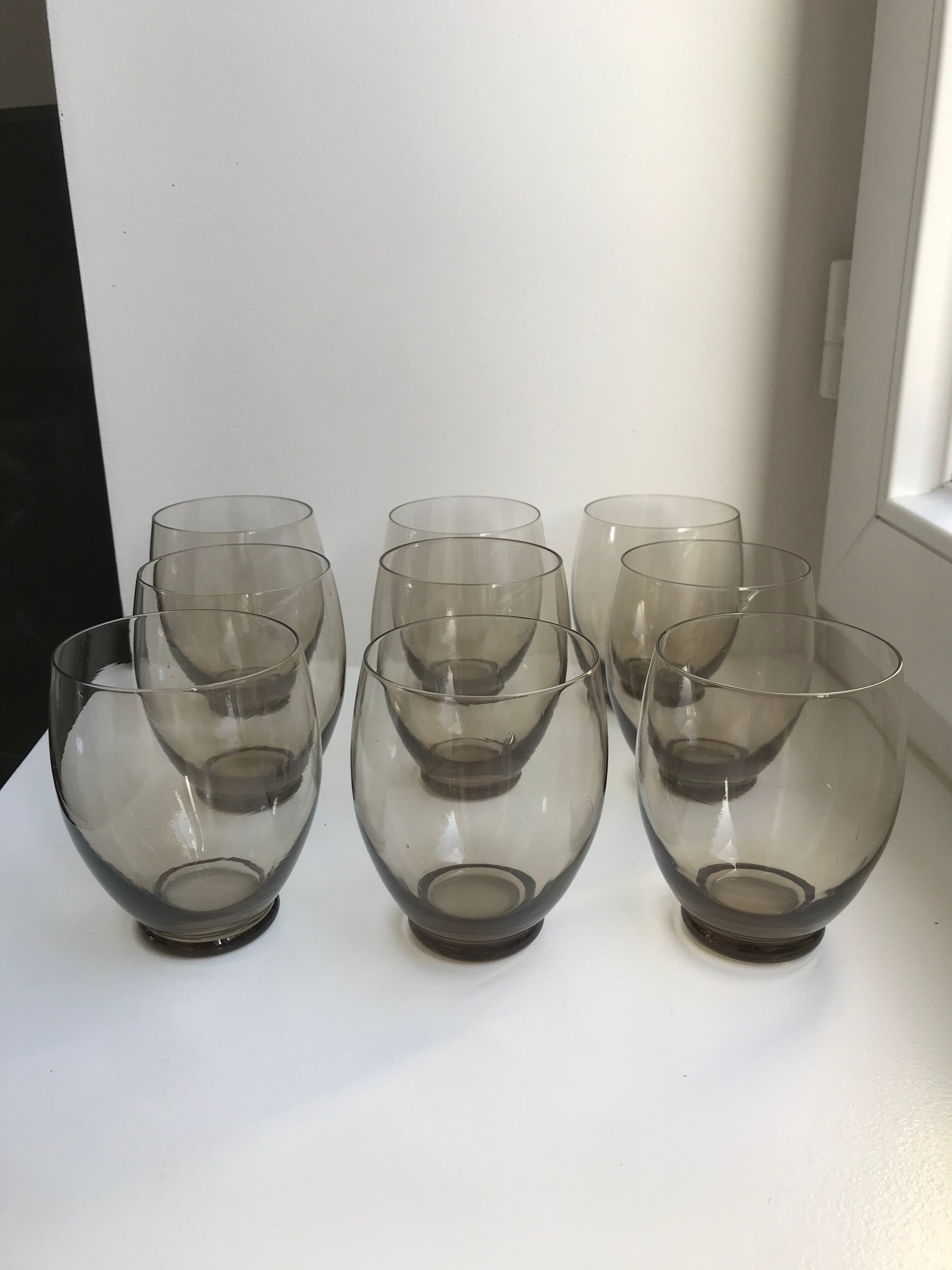 Set of 9 large design art deco smoked glass water glasses 30s